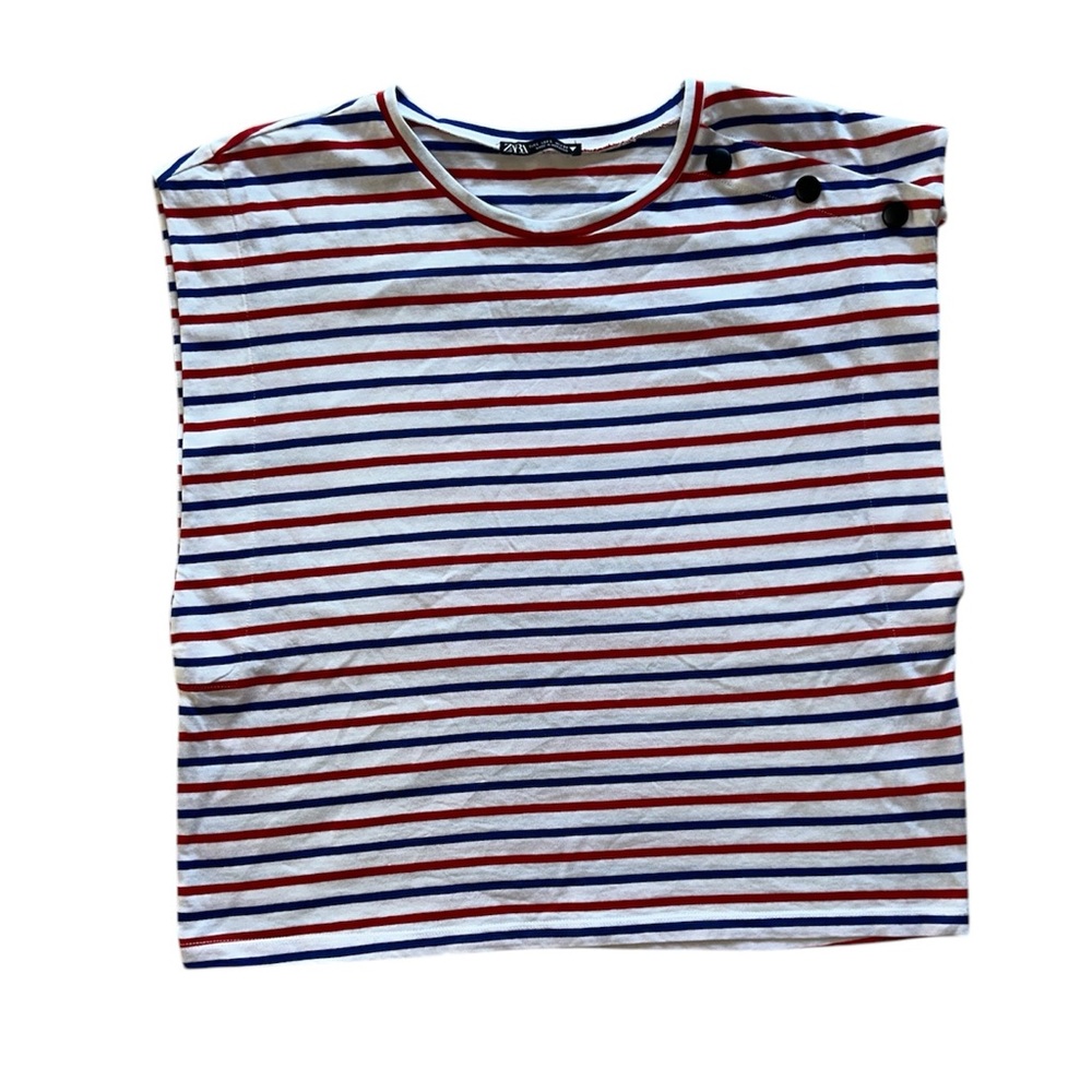 Women’s ZARA Red White Blue Sleeveless Casual Striped Top Button Details NWOT